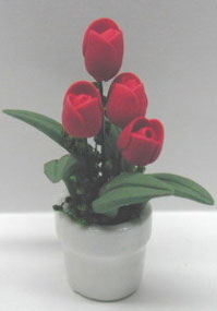 Dollhouse Miniature Red Tulips/White Pot 1 3/4